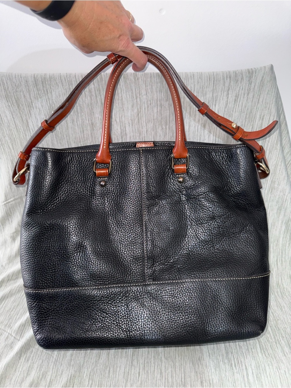 Dooney & Bourke Black Pebbled Leather Tote with Brown Trim and Strap - Picture 4 of 11